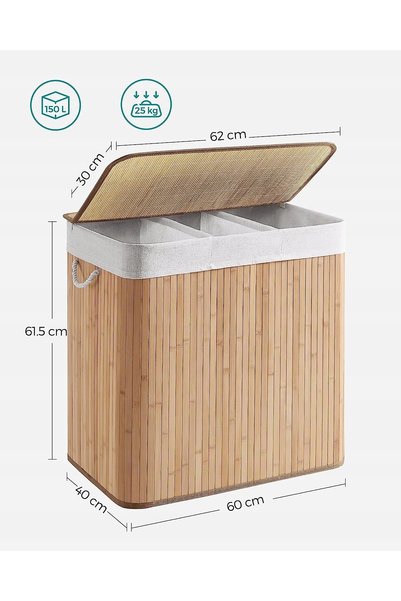 SONGMICS Coș de rufe din bambus de 150L, cu 3 compartimente și capac, natural