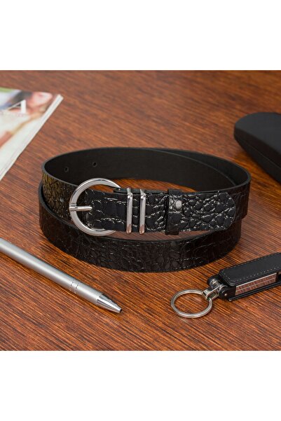 Beltimore Curea de damă din piele croco, neagră, pentru pantaloni eleganți, 3 cm