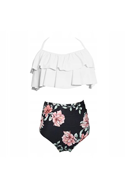 NO BRAND Bikini cu talie înaltă, stil spaniol, cu volane, alb-negru, L