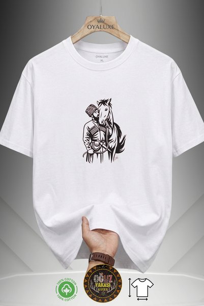 Unisex Beyaz Kafkas Atlı İllüstrasyon Çizim Baskılı Bisiklet Yaka T-Shirt