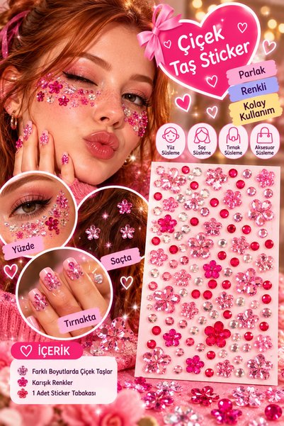 By MO Accessories Yapışkanlı Pembe Çiçek Taş Sticker Seti – Yüz, Saç, Tırnak ...
