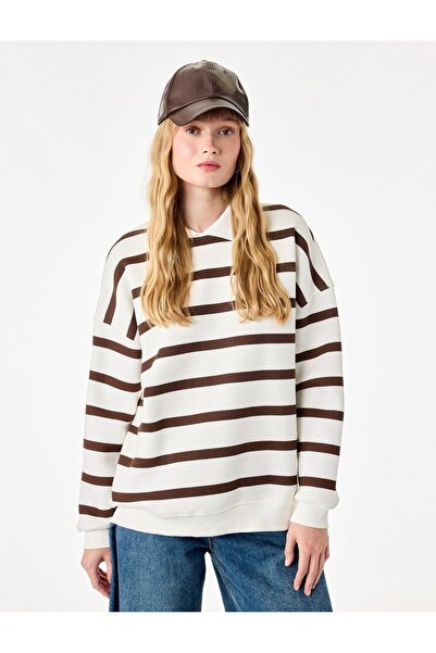 Koton Three-Thread Ribbed Comfortable Fit Long Sleeve Shirt Collar Striped Sw...