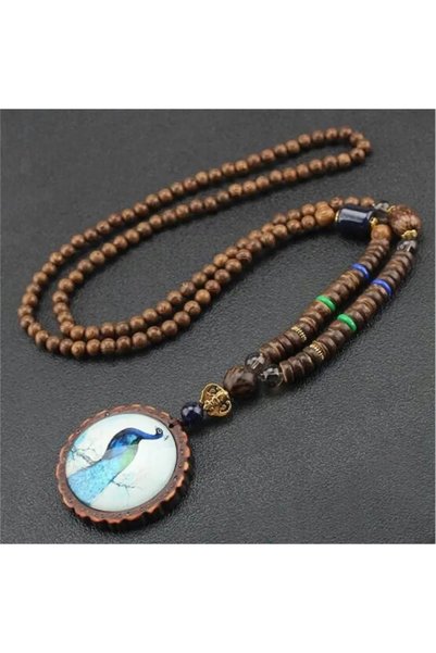 NO BRAND Colier Mala budist din lemn, stil nepalez, tibetan, cu păun, lucrat ...
