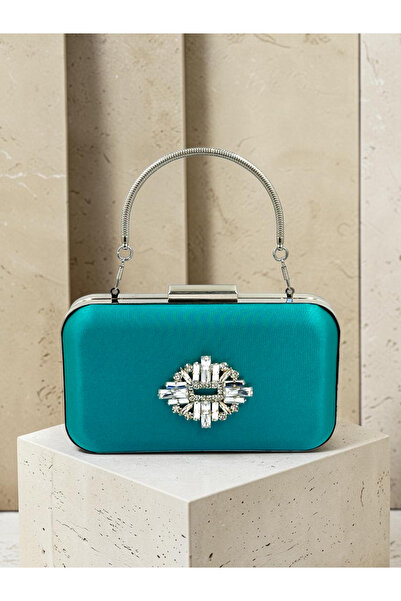 Biçanta Green Satin Silver Metal Detailed Crystal Stone Embroidered Chain Strap Women's Evening Dress Bag Wedding Engagement Graduation