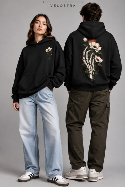 Velostra Hanorac unisex cu glugă, cu imprimeu cu schelet și flori, design faț...