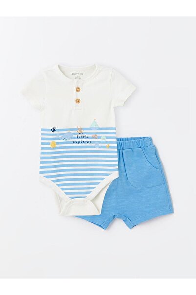 LC Waikiki Crew Neck Short Sleeve Striped Baby Boy Snap Bodysuit and Shorts 2...