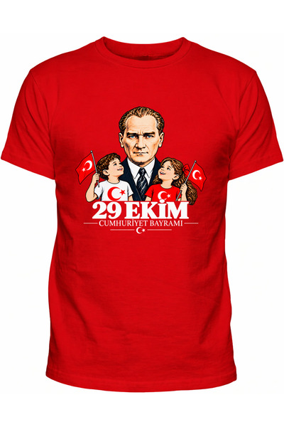Efendioğlu Design Short-Sleeved New Flag-Waving 2 Children and Ataturk 29 Oct...