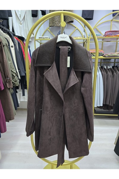Omka Moda Kadın Kahverengi Suni Kürk Yaka Kuşaklı Nubuk Kaban