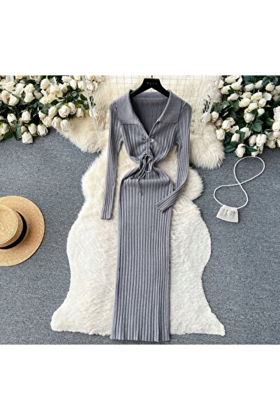NO BRAND Rochie maxi pentru femei, cu dungi, mâneci lungi, închidere cu șnur,...