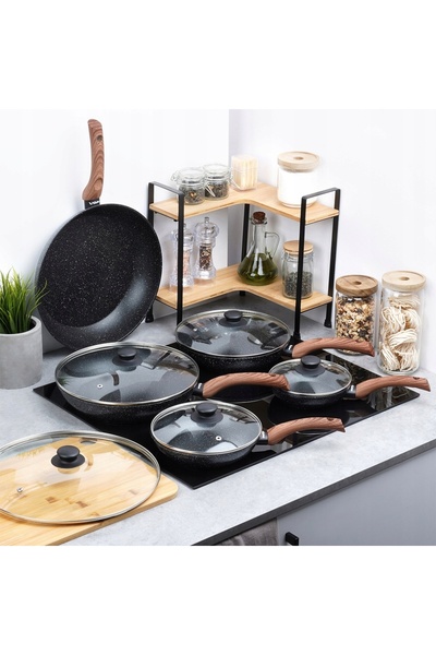 NO BRAND Set 5x tigăi/grătare din granit cu capac 16 20 24 28 32cm