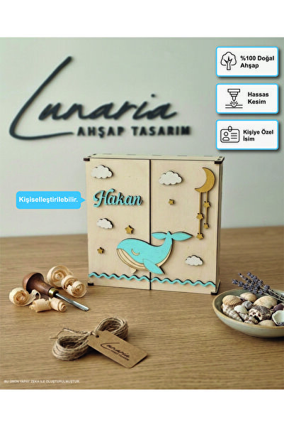 Lunaria Ahşap Tasarım Kişiye Özel İsimli Bebek & Çocuk Anı Kutusu - Mavi Bali...