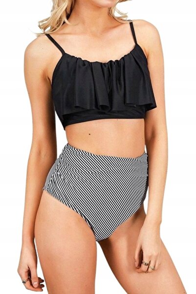 NO BRAND Costum de baie bikini din două piese, cu talie înaltă, cu dungi, mod...