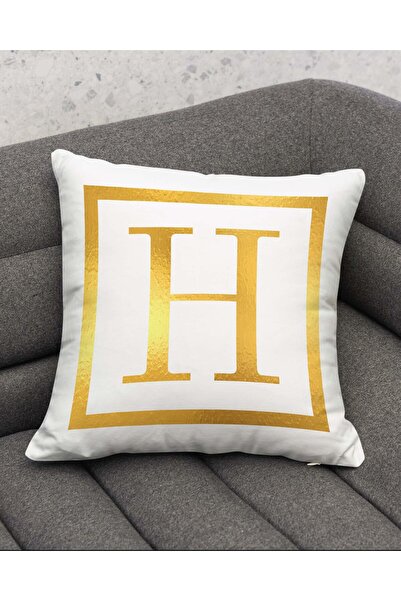 Şah Dekor White Gold Color Letter H Digital Printed Throw Pillow Cover