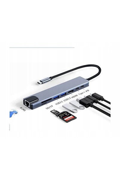 verk group Adaptor Hub 8-în-1 cu 2x USB-C Thunderbolt 3, 2x USB, HDMI, SD, RJ45