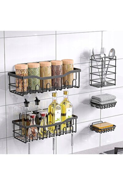NO BRAND Raft pentru baie cu organizator, set de 5 bucăți, negru