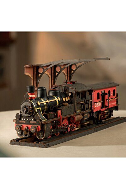 Robotime Puzzle 3D de construcție, model locomotivă cu aburi din lemn