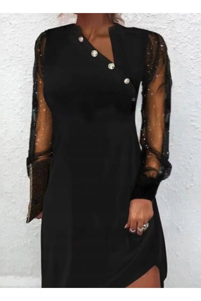 NO BRAND Rochie de seară elegantă de damă, neagră, cu mânecă lungă, 2XL