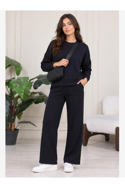 EYLÜL ELİF BUTİK Women's Oysho Fabric Crew Neck Sweatshirt and Wide Leg Sweatpants Two-Piece Set
