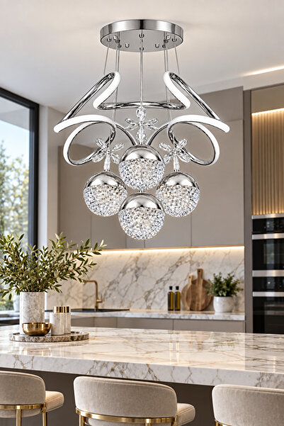 Ulucam Aydınlatma Palmiye 4 Top Gümüş 3 Renk LED Avize Modern Salon Aydınlatması