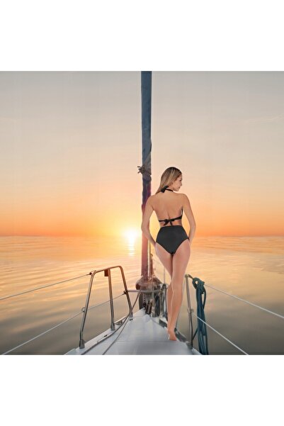 NO BRAND Set bikini costum de baie negru cu talie înaltă, cu burete, cu legăt...