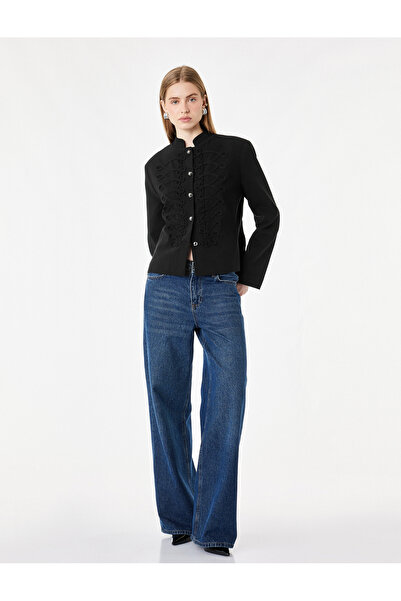Koton Long Sleeve Stand Mandarin Collar Military Jacket with Ribbon Trim