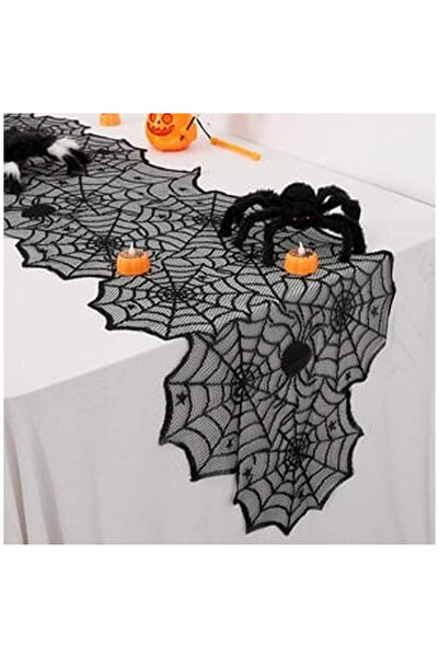 OEM Διακοσμητικό Τραπεζομάντηλο Δαντέλα για Halloween με Ιστό & Αράχνες 183x4...