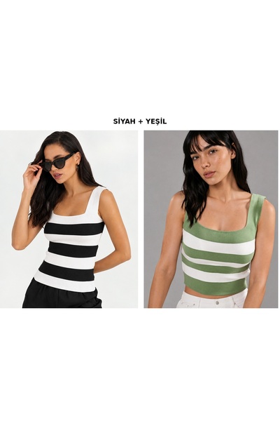 BY ARDELION 2-Pack Women's Thick Strap Tank Top Slim Summer Square Neck Plain Knitwear