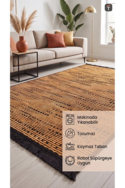 Gold Sarı Kaymaz Dokuma Pamuk Tabanlı Kilim Makinede Yıkanabilir Tozumaz Salon Halı ve Siyah Saçaklı Robot Süpürgeye Uygun