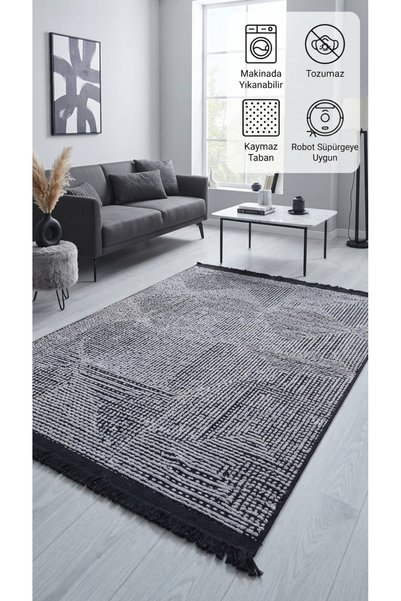 BESEV HOME CONCEPT Gri Kaymaz Dokuma Pamuk Tabanlı Kilim Makinede Yıkanabilir...