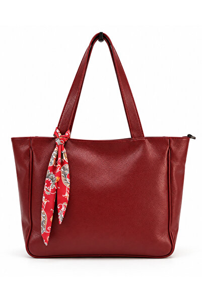 Kadın Bordo Fular Detaylı Büyük Omuz Çantası Günlük Tote Shopper Çanta