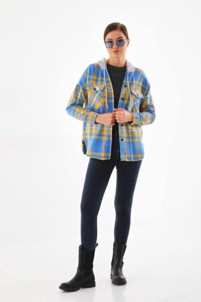 Polologin Butik Oversized Hooded Double Pocket Women's Lumberjack Shirt - Blu...
