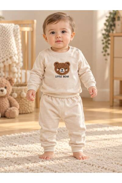 Bebek Ayıcık Figürlü Bej 2'li Alt Üst Takım Omuzdan Çıtçıtlı Sweatshirt Ve Pantolon