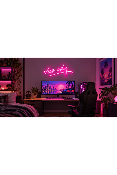 Prime Neon Vice City Pembe Neon LED Tabela 50 cm | Bilgisayar ve Oyun Odası D...
