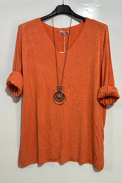 AYASOFYA OTANTIK Women's Italian Orange V-Neck Oversize Loose Knitwear Blouse...