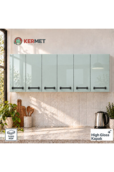 KermetHome 180 cm %100 MDF Mutfak Üst Dolabı 6 Kapaklı Raflı Yosun Yeşili
