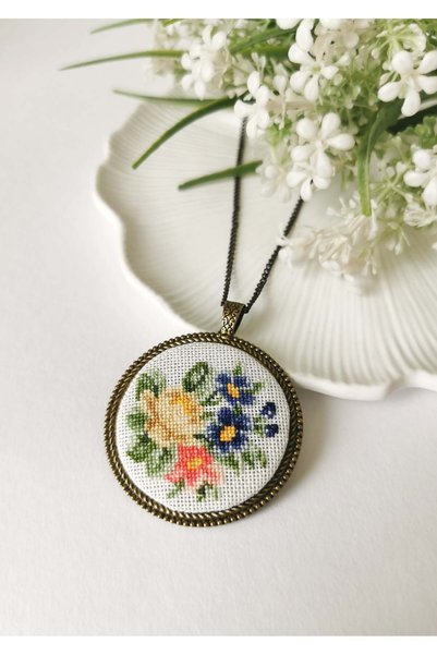 Halley Concept Special Handmade Etamin Embroidered Colorful Flower Pattern An...