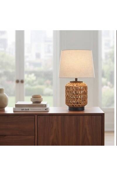 IN HOME STORE أباجورة طاولة مودرن بقاعدة أسطوانية منسوجة يدوياً وغطاء قماشي ك...