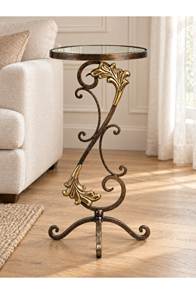 Canik Design Yuvarlak Ferforje Yan Sehpa – Eskitme Bronz Renk, Gold Yaprak De...