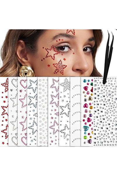 SYOSI Face Gems Stickers 10 Sheets, Self Adhesive Rhinestone Face Gems with T...
