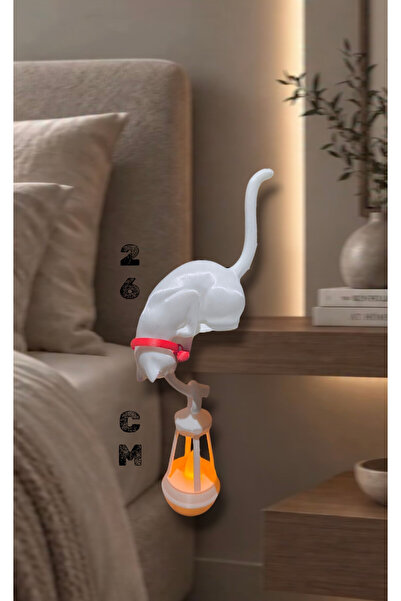 Salıncak Kırmızı Tasmalı Kedi Balkon Salon Kitaplık Süsü BEYAZ (Led Mum Hediyeli) 15+11Cm