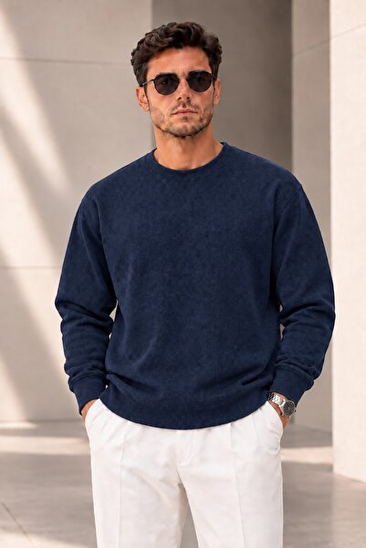 LAVOS Erkek Lacivert Selanik Kumaş Bisiklet Yaka Sweatshirt Günlük Regular Fit