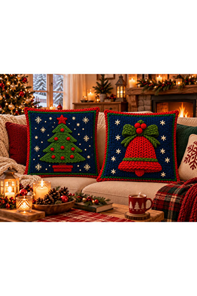 Sakallı Holiday Chimes Christmas Pine Tree and Bell Patterned Red Navy Blue 3...