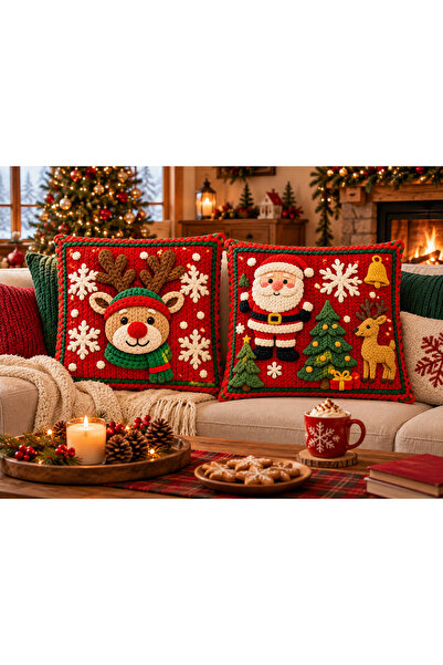 Sakallı North Pole Christmas Santa Claus, Deer and Pine Tree Patterned 3D Kni...