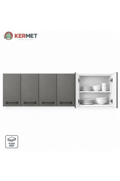 KermetHome 180 cm %100 MDF Mutfak Üst Dolabı 6 Kapaklı Raflı Haki Gri