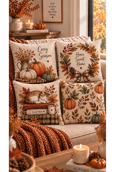 Nari Collections Warm Autumn 4-Piece Cushion Cover Set – 43X43 cm Double-Side...