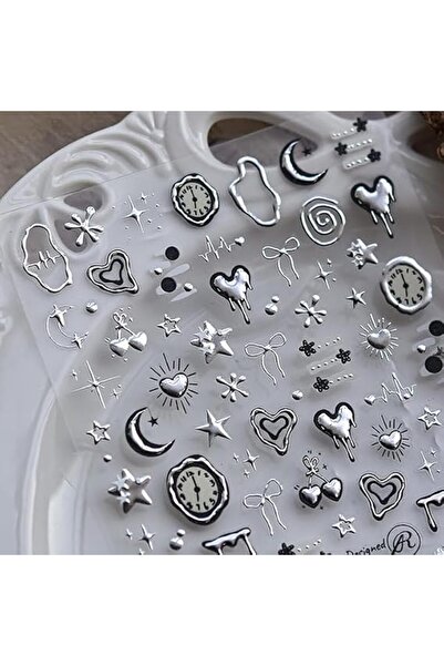 Tazweeq Silver 5D Embossed Nail Art Stickers, Heart Star Metal Design Nail De...