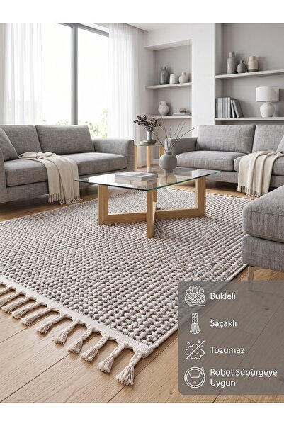 BESEV HOME CONCEPT Gri Krem Bukleli Hav Toz Vermez Modern Dokuma Salon Halısı...