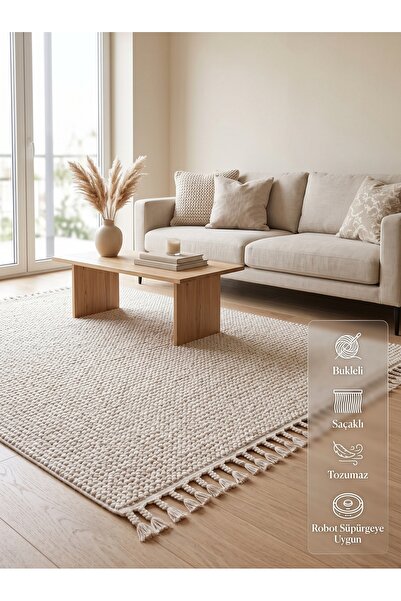 BESEV HOME CONCEPT Krem Bukleli Hav Toz Vermez Modern Örgü Saçaklı İskandinav...