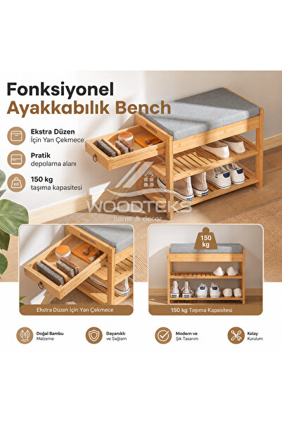 mywoodteks WOODTEKS Liona Bambu Ayakkabılık Bench – Minderli Oturma Alanlı, Y...
