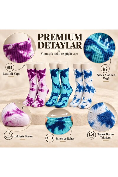 Şerife Hanım Unisex Batik Patterned Socks Set of 3 Cotton Colorful Long Socks Seamless Breathable Sports Socks Daily Wear